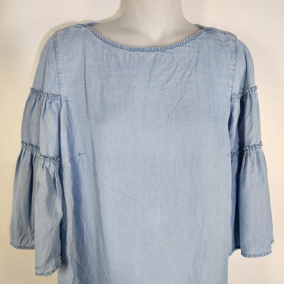 J Jill Denim Top XS Petite Chambray Tiered Ruffle Bell Sleeve Tencel Lyocell Blu - Picture 3 of 13